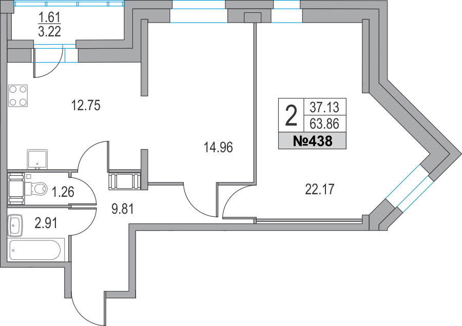 2-комнатная, 64 м² — ЖК ЖК Приморский квартал