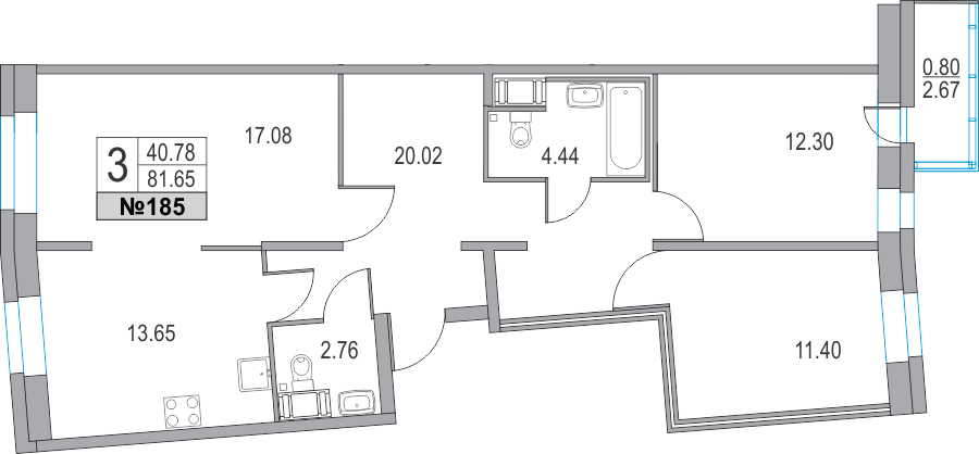 3-комнатная, 82 м² — ЖК ЖК Приморский квартал