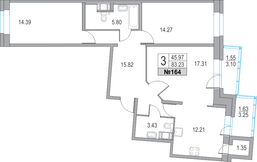 3-комнатная, 83 м² — ЖК ЖК Приморский квартал