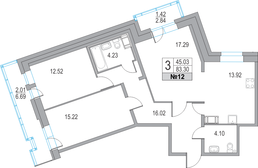 3-комнатная, 83 м² — ЖК ЖК Приморский квартал