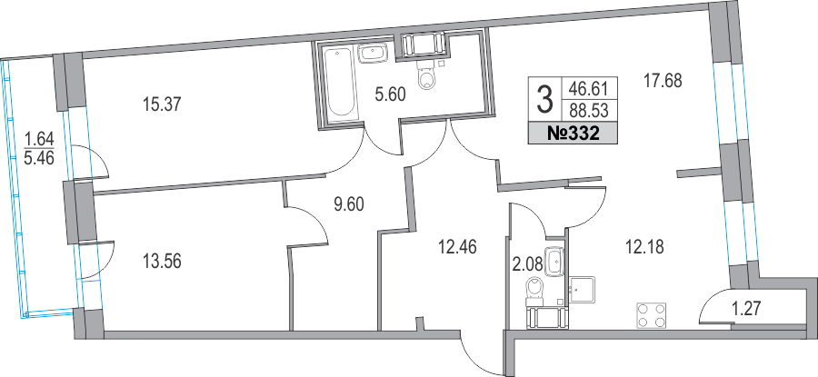 3-комнатная, 89 м² — ЖК ЖК Приморский квартал