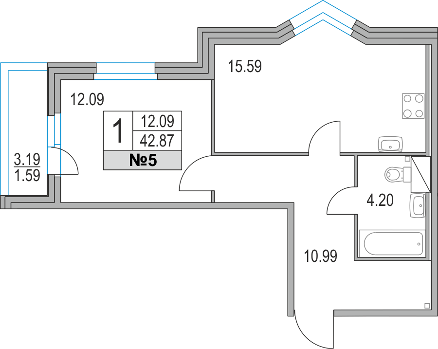 1-комнатная, 43 м² — ЖК ЖК Приморский квартал