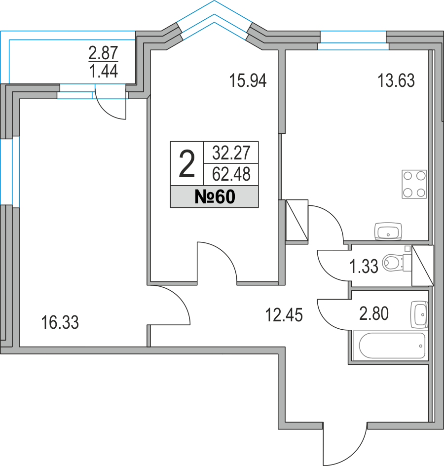 2-комнатная, 62 м² — ЖК ЖК Приморский квартал