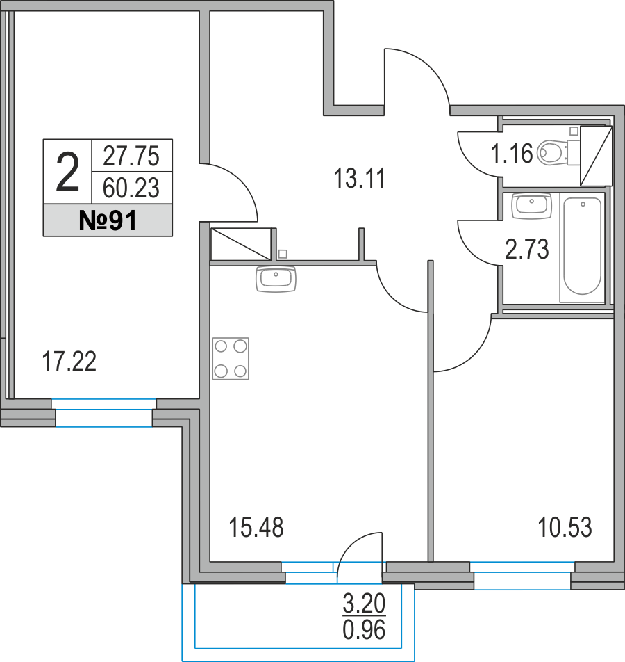 2-комнатная, 60 м² — ЖК ЖК Приморский квартал