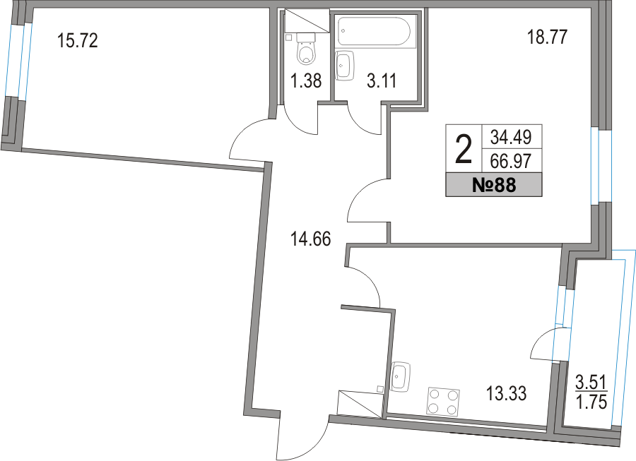 2-комнатная, 67 м² — ЖК ЖК Приморский квартал