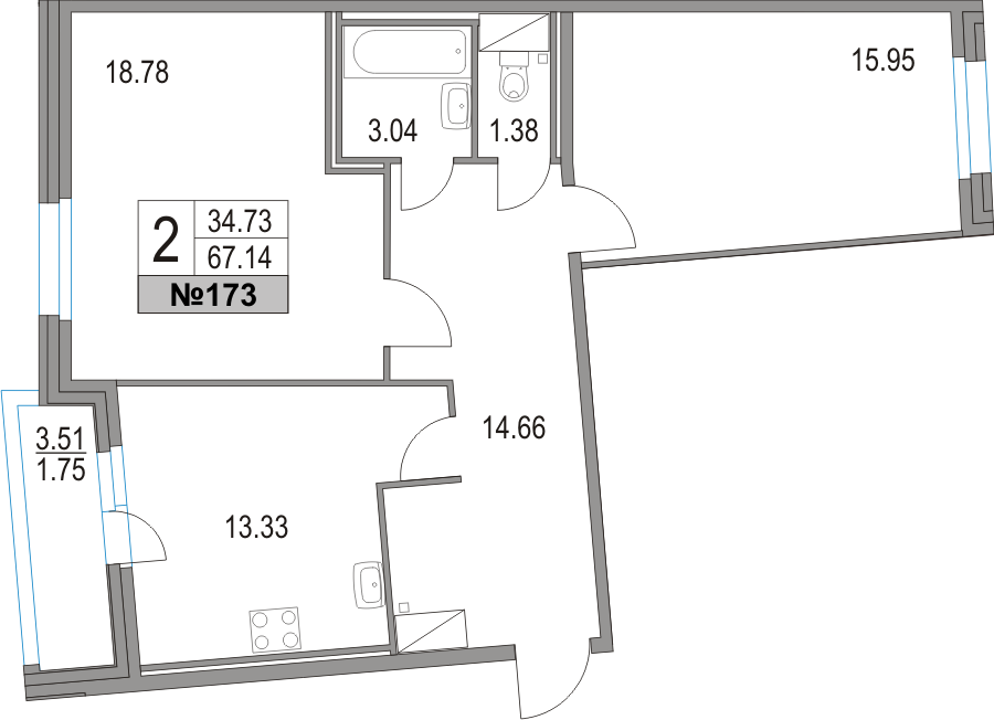 2-комнатная, 67 м² — ЖК ЖК Приморский квартал
