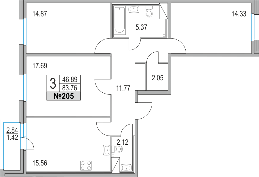 3-комнатная, 84 м² — ЖК ЖК Приморский квартал