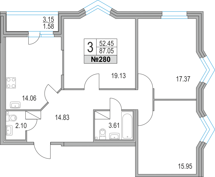 3-комнатная, 87 м² — ЖК ЖК Приморский квартал