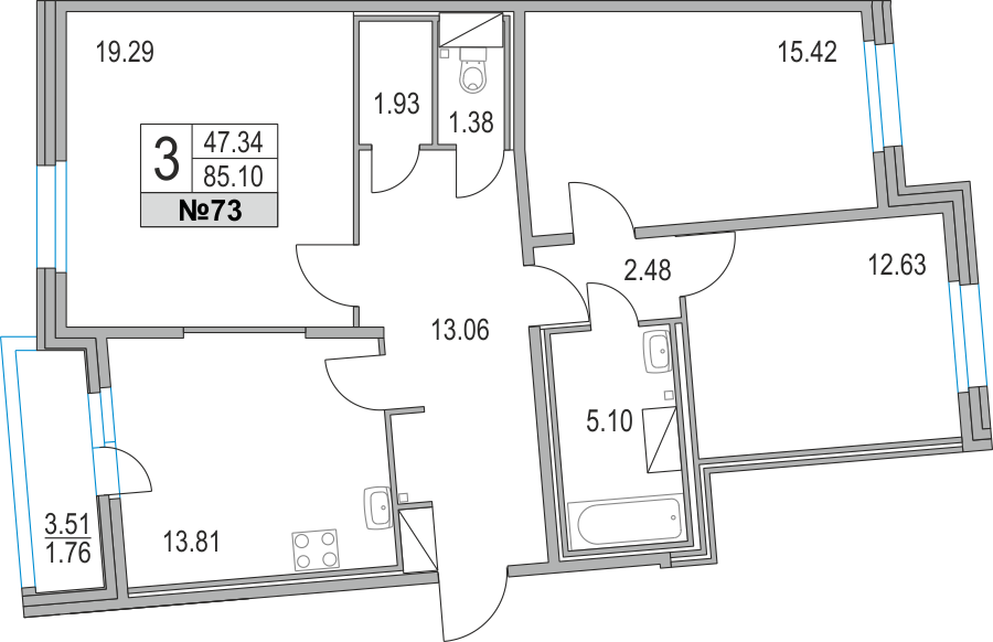 3-комнатная, 85 м² — ЖК ЖК Приморский квартал