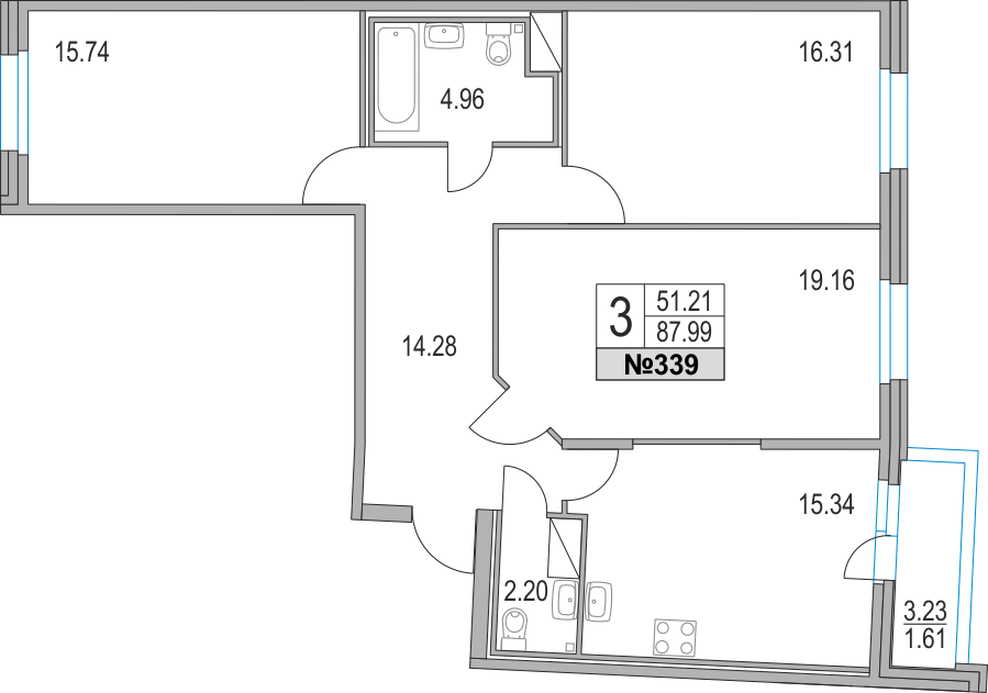 3-комнатная, 88 м² — ЖК ЖК Приморский квартал