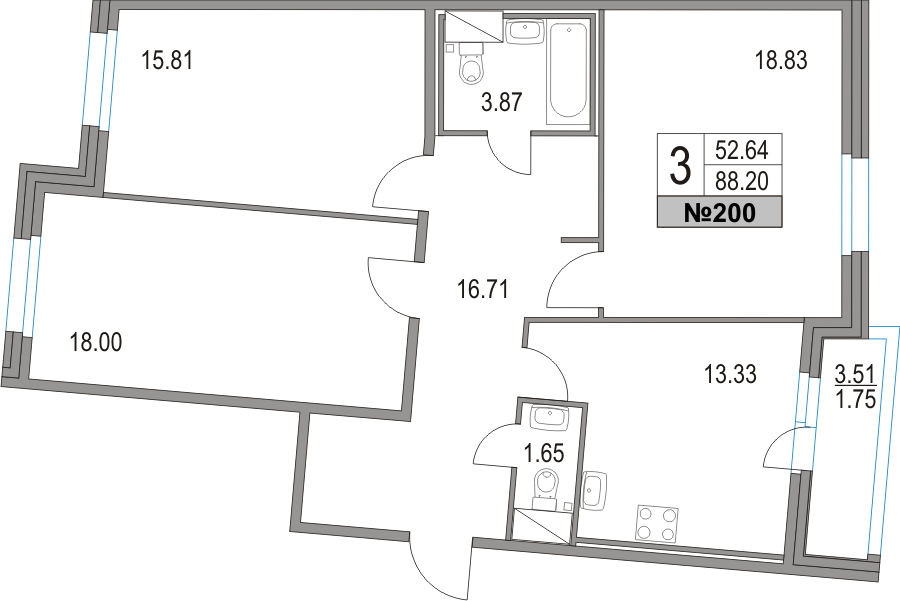 3-комнатная, 88 м² — ЖК ЖК Приморский квартал