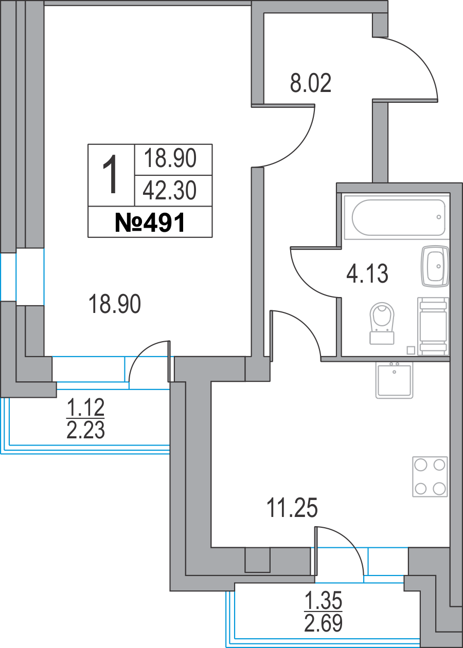 1-комнатная, 42 м² — ЖК ЖК Приморский квартал