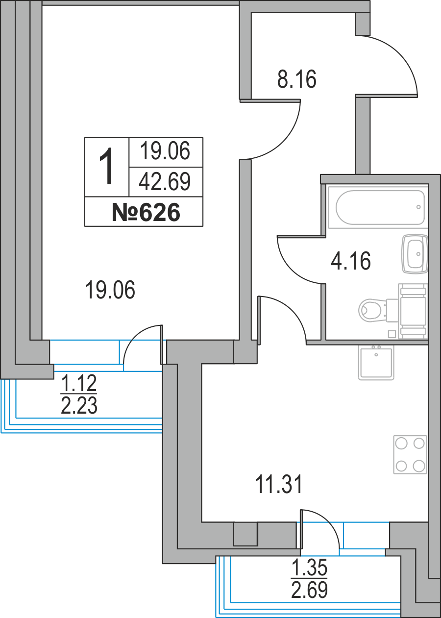 1-комнатная, 43 м² — ЖК ЖК Приморский квартал