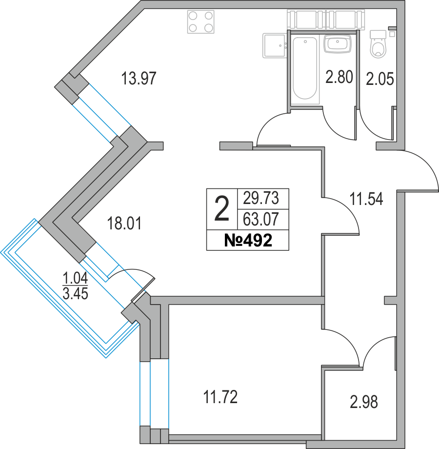 2-комнатная, 63 м² — ЖК ЖК Приморский квартал