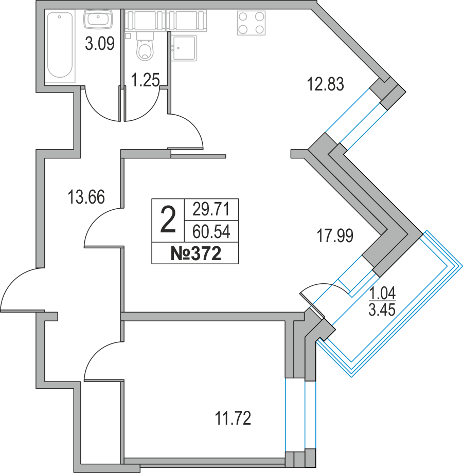 2-комнатная, 61 м² — ЖК ЖК Приморский квартал