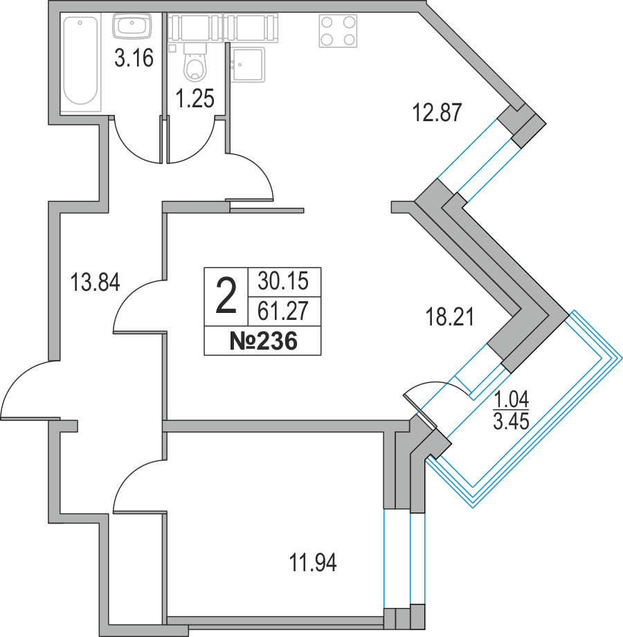 2-комнатная, 61 м² — ЖК ЖК Приморский квартал