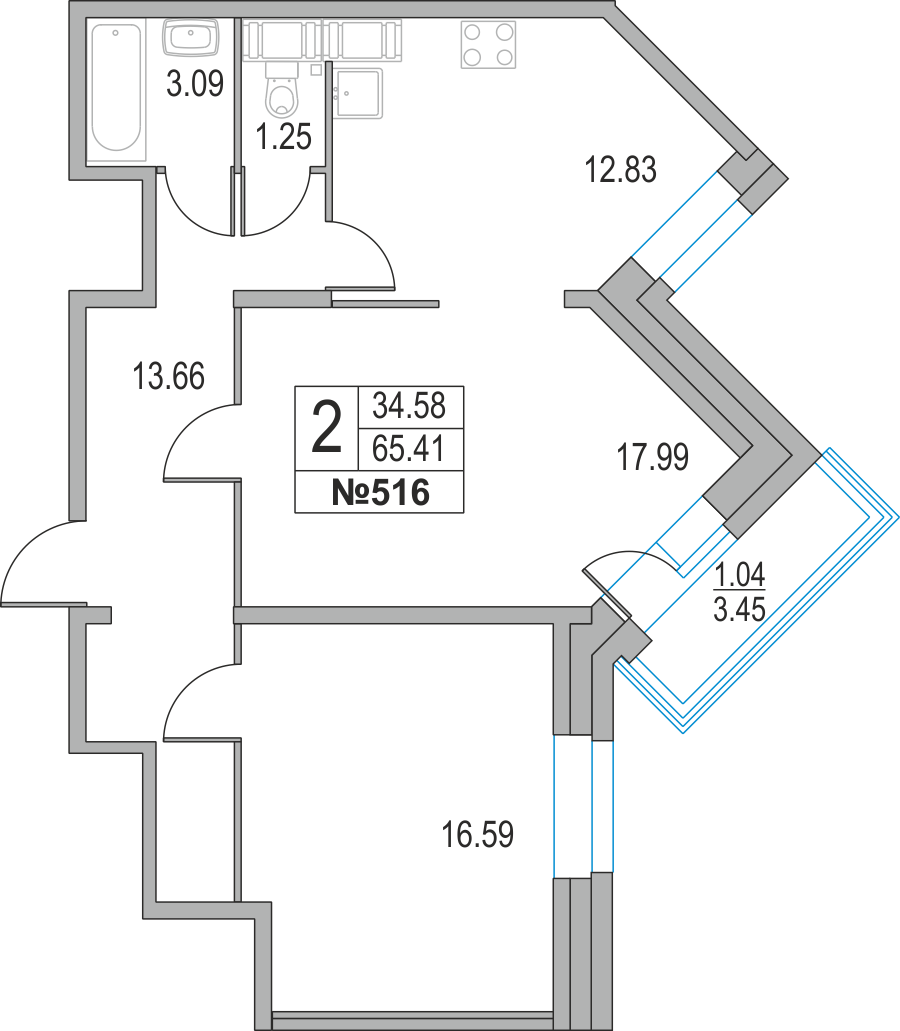 2-комнатная, 65 м² — ЖК ЖК Приморский квартал