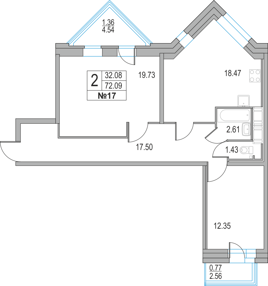 2-комнатная, 72 м² — ЖК ЖК Приморский квартал