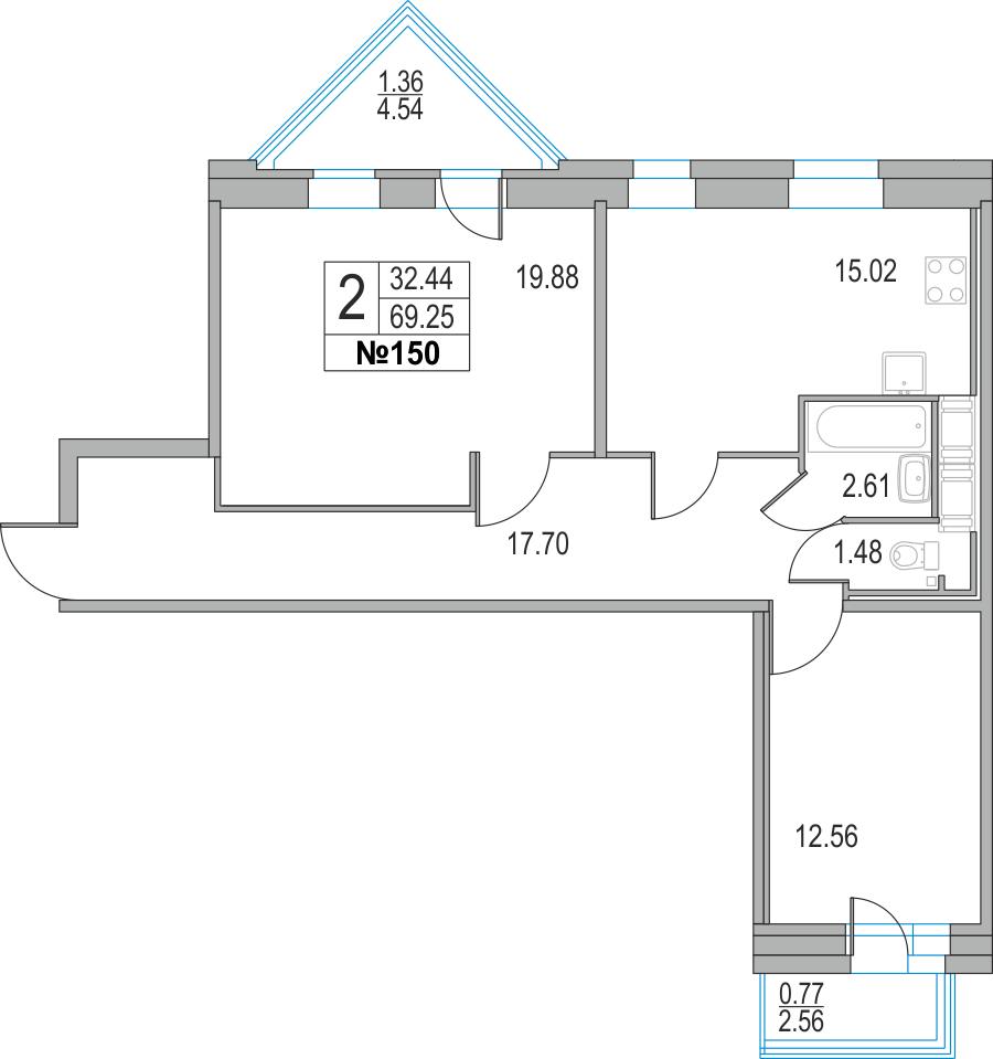 2-комнатная, 69 м² — ЖК ЖК Приморский квартал
