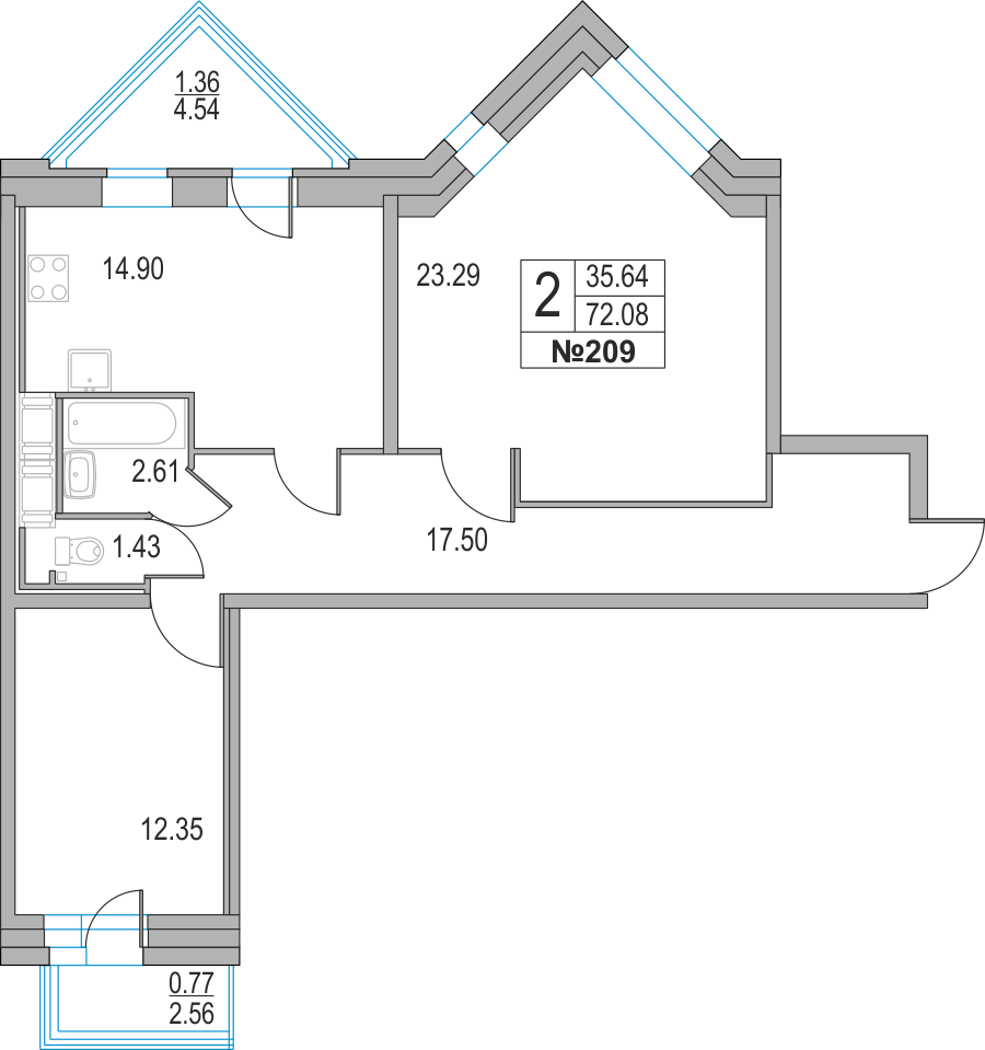 2-комнатная, 72 м² — ЖК ЖК Приморский квартал