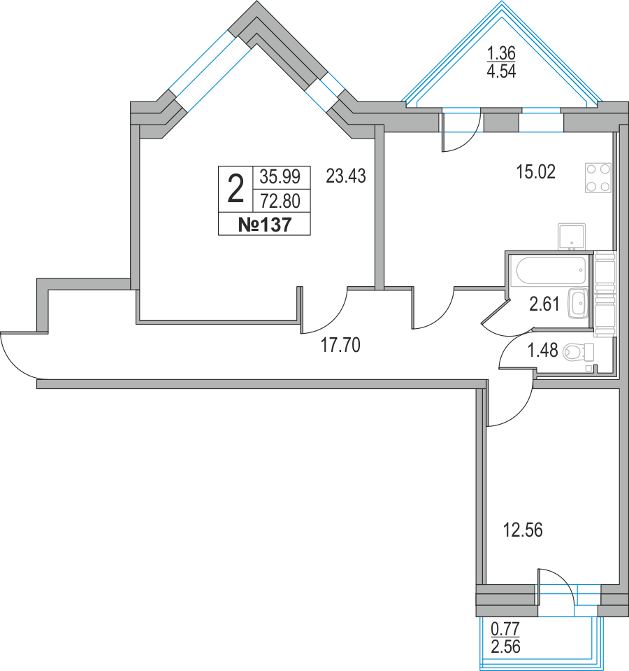 2-комнатная, 73 м² — ЖК ЖК Приморский квартал