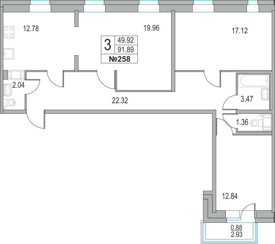 3-комнатная, 92 м² — ЖК ЖК Приморский квартал