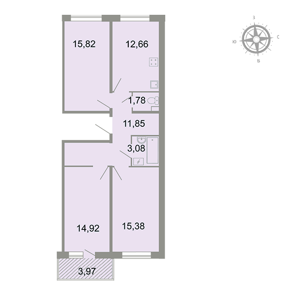 3-комнатная, 77 м² — ЖК ЖК Клёны