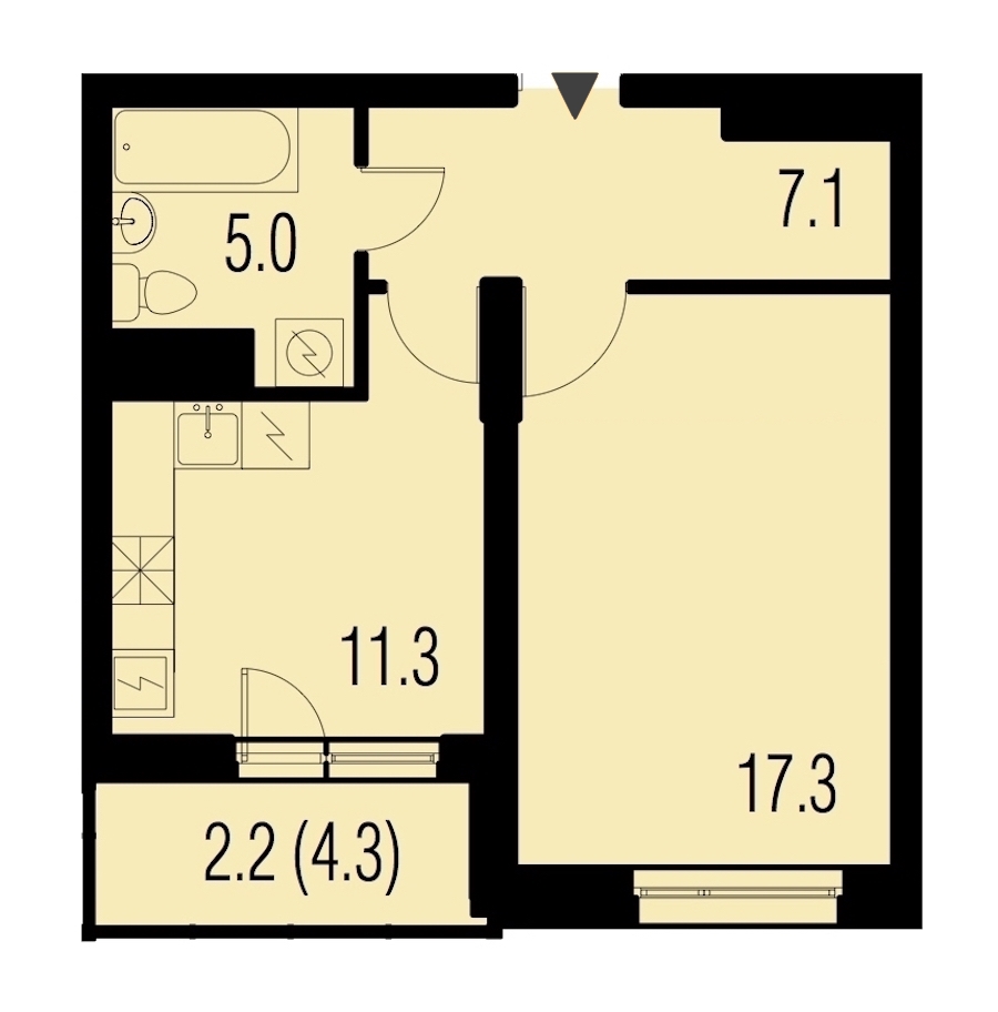 1-комнатная, 43 м² — ЖК ЖК Жемчужный Каскад