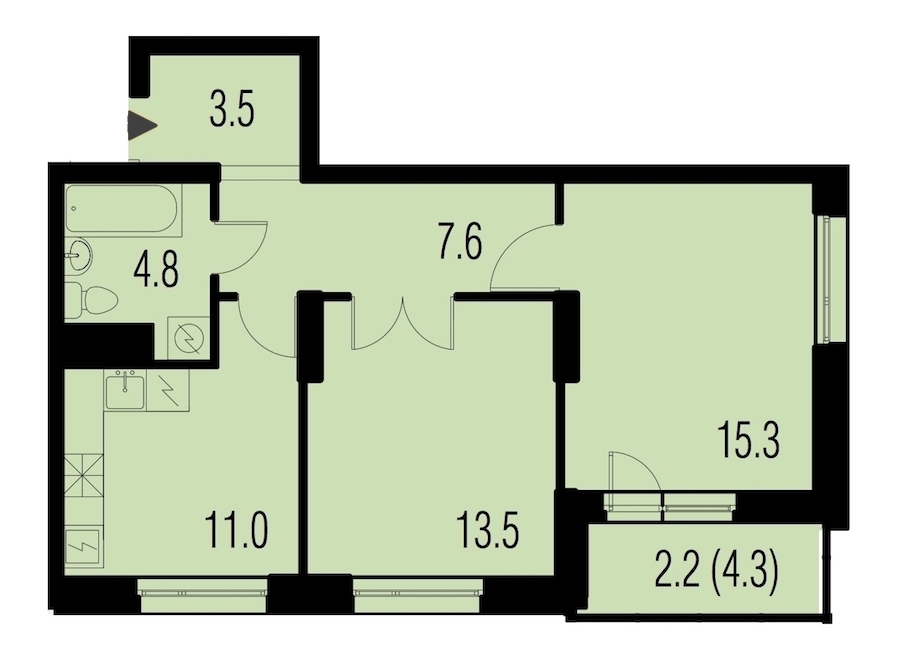 2-комнатная, 58 м² — ЖК ЖК Жемчужный Каскад