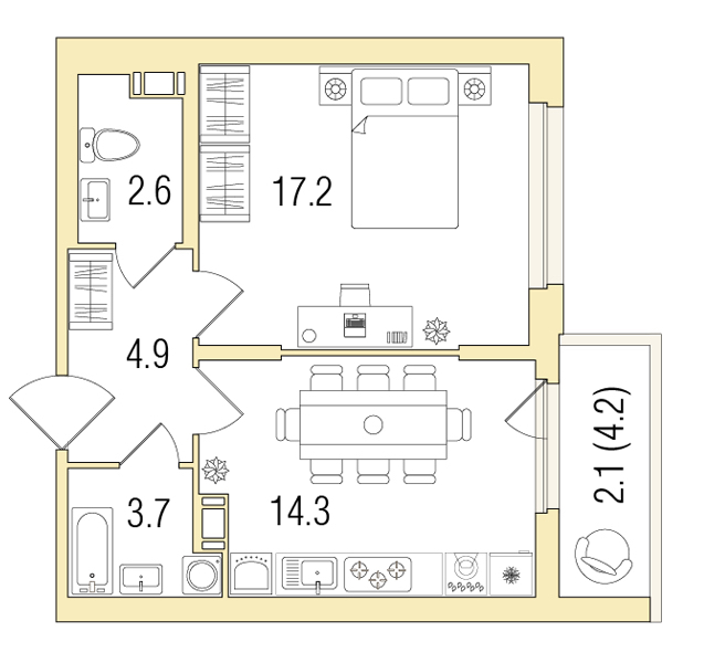 1-комнатная, 46 м² — ЖК ЖК Жемчужный берег