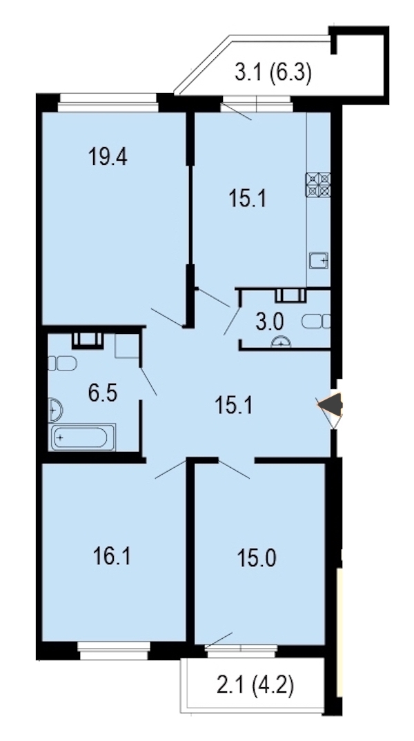 3-комнатная, 94 м² — ЖК ЖК Жемчужный берег