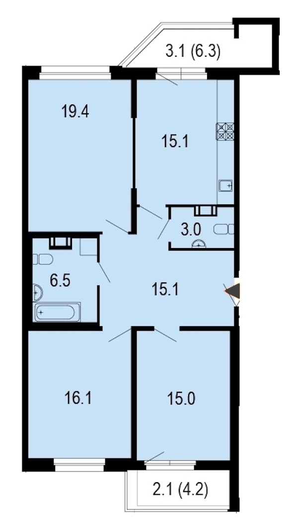 3-комнатная, 95 м² — ЖК ЖК Жемчужный берег