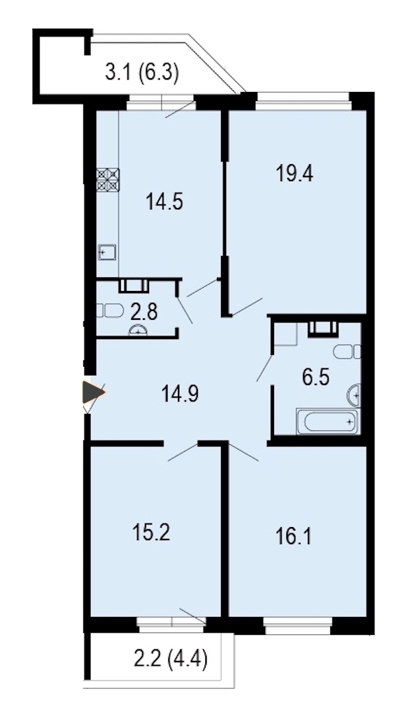 3-комнатная, 95 м² — ЖК ЖК Жемчужный берег