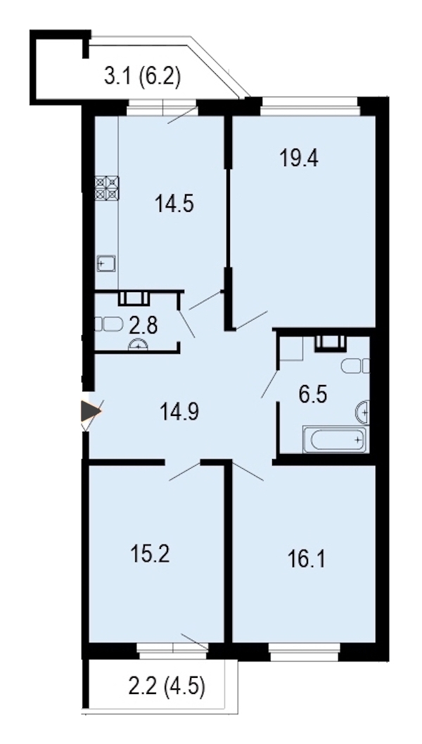 3-комнатная, 95 м² — ЖК ЖК Жемчужный берег