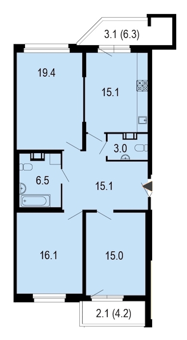 3-комнатная, 95 м² — ЖК ЖК Жемчужный берег