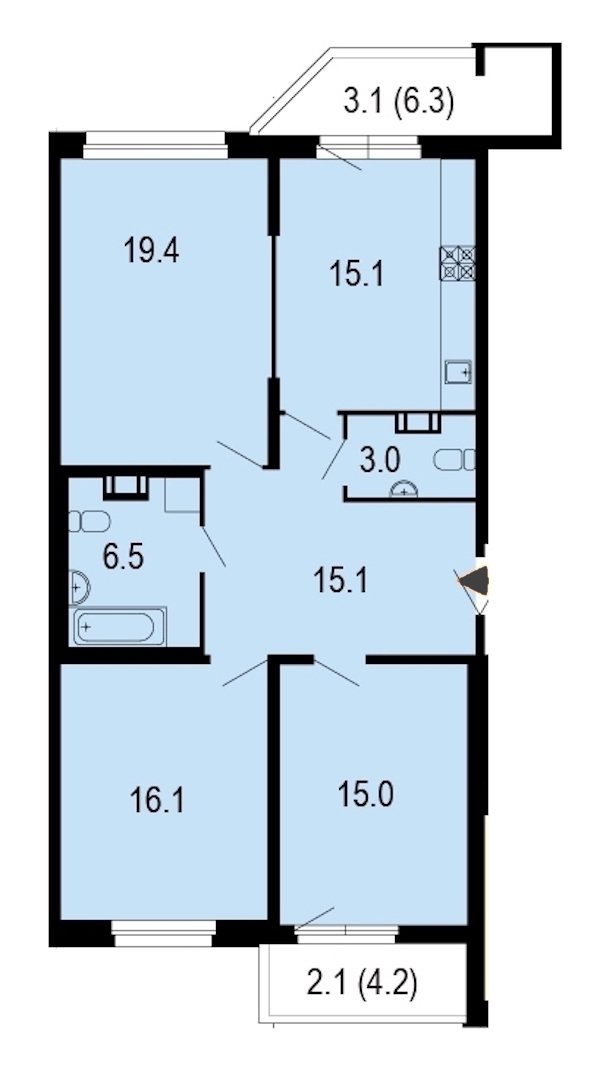 3-комнатная, 95 м² — ЖК ЖК Жемчужный берег