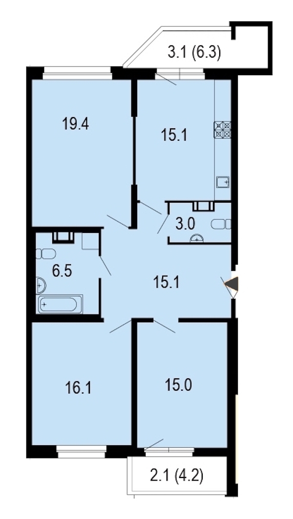 3-комнатная, 95 м² — ЖК ЖК Жемчужный берег