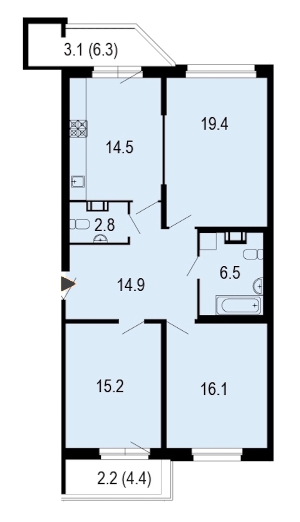 3-комнатная, 95 м² — ЖК ЖК Жемчужный берег