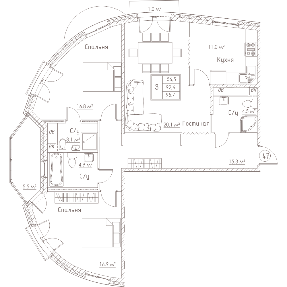 3-комнатная, 96 м² — ЖК ЖК Barcelona (Барселона)