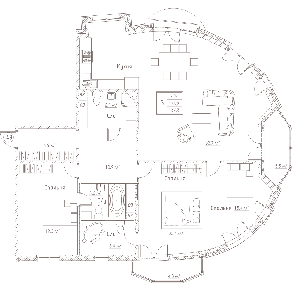 3-комнатная, 157 м² — ЖК ЖК Barcelona (Барселона)
