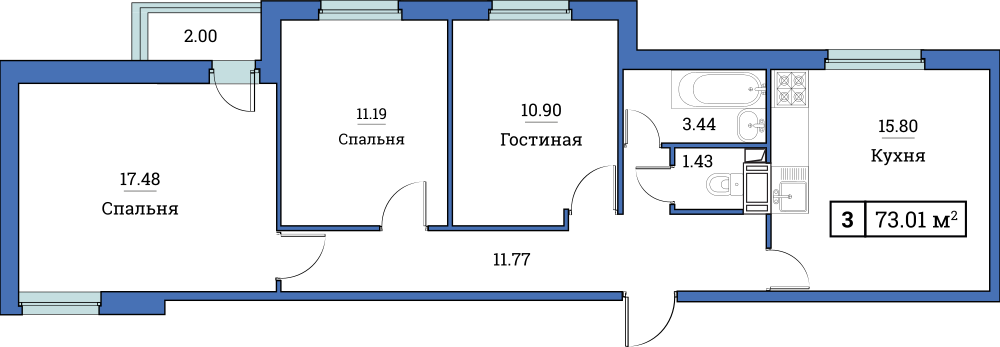 3-комнатная, 73 м² — ЖК ЖК Форвард