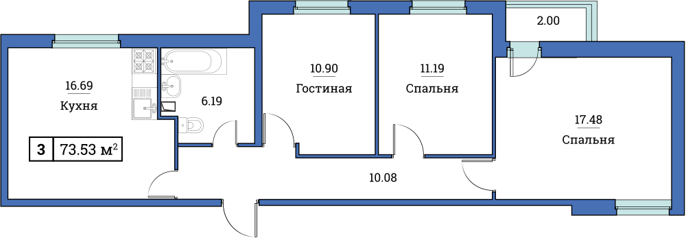 3-комнатная, 74 м² — ЖК ЖК Форвард