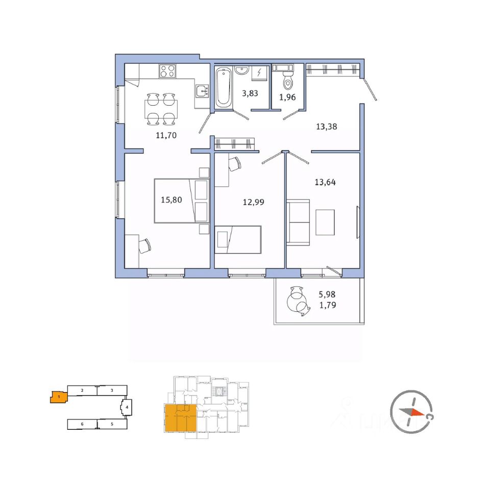 2-комнатная, 75.3 м² — ЖК ЖК Юттери