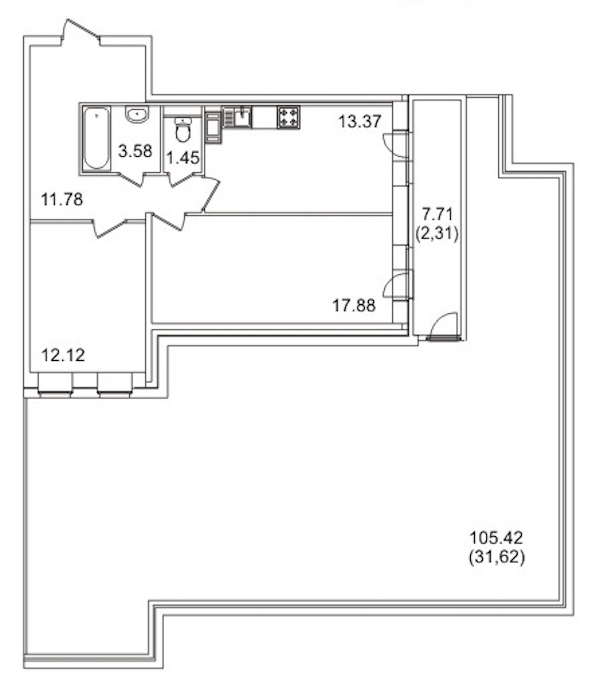2-комнатная, 94 м² — ЖК ЖК Золотое Время