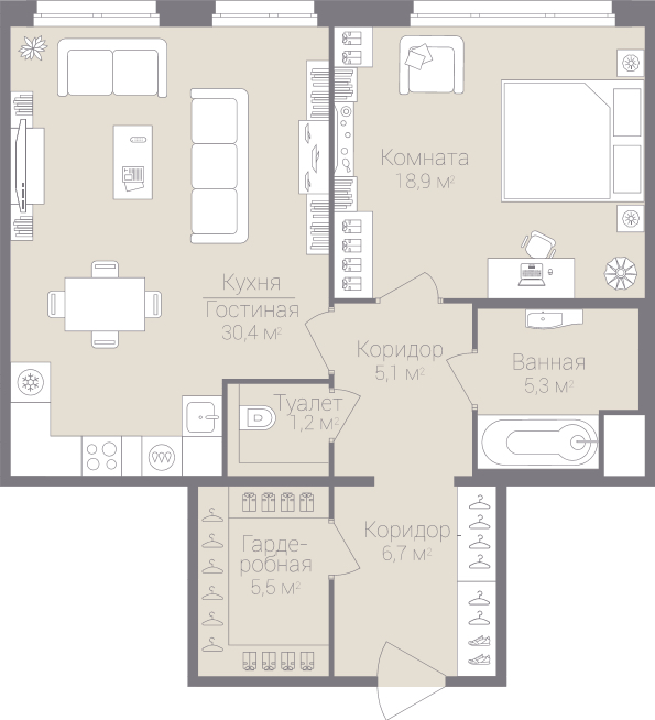 1-комнатная, 73 м² — ЖК Дом на улице Нижне-Каменская