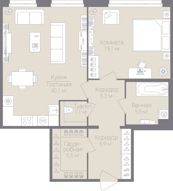 1-комнатная, 74 м² — ЖК Дом на улице Нижне-Каменская