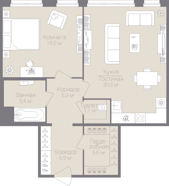 1-комнатная, 74 м² — ЖК Дом на улице Нижне-Каменская