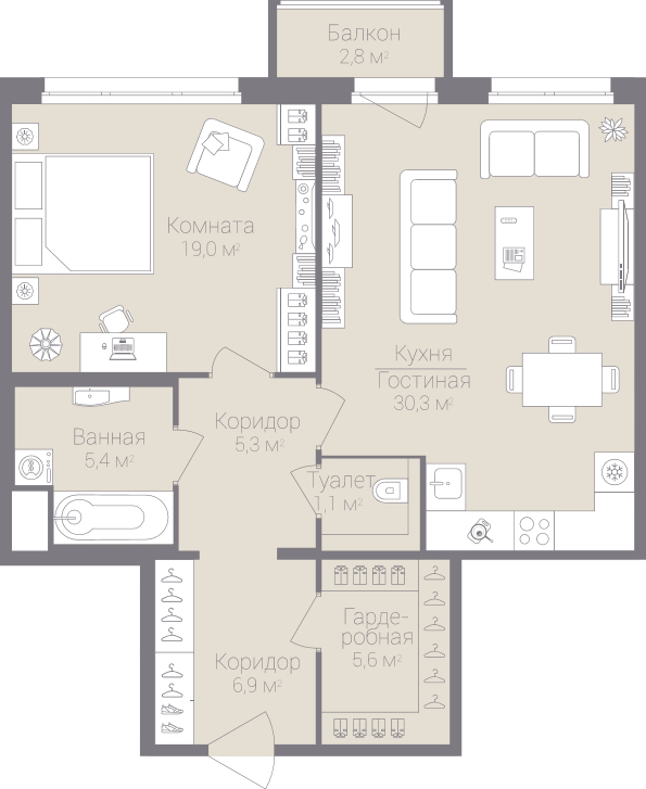 1-комнатная, 74 м² — ЖК Дом на улице Нижне-Каменская