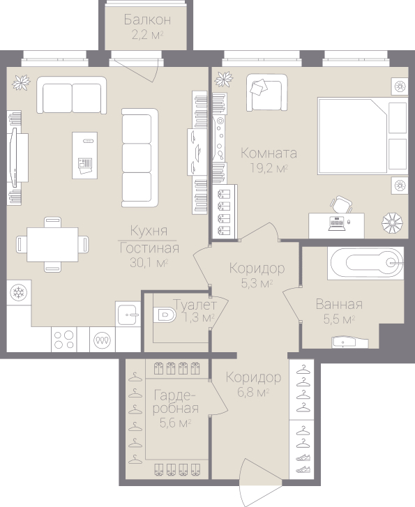 1-комнатная, 74 м² — ЖК Дом на улице Нижне-Каменская
