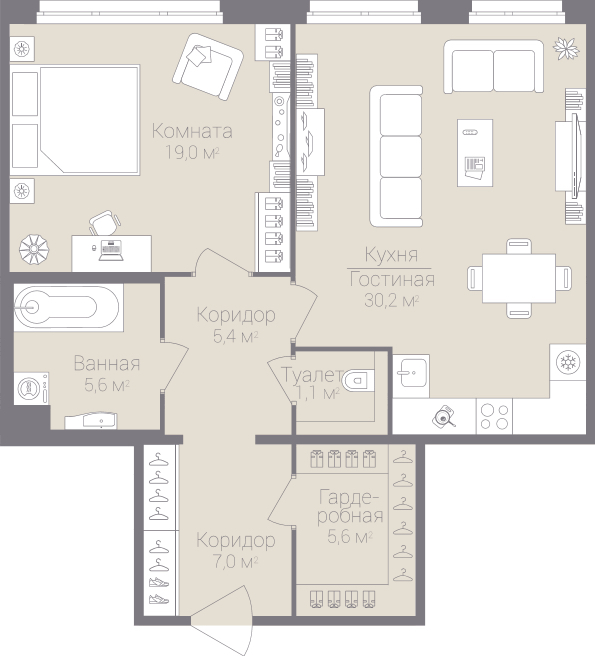 1-комнатная, 74 м² — ЖК Дом на улице Нижне-Каменская